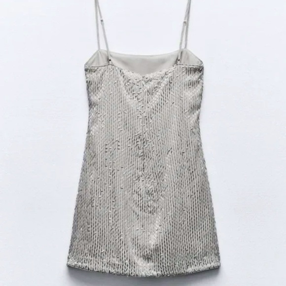ZARA Gray Silver Beaded Spaghetti Strap Mini Dress S NWT - Picture 10 of 13